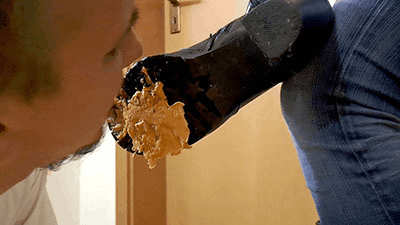 1545 - Disgusting slave feeding from my boot soles